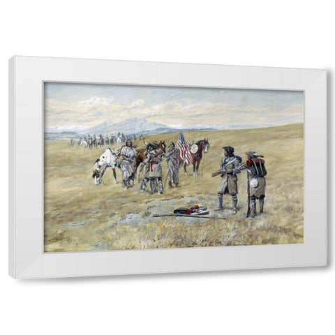 Captain Lewis Meeting the Shoshones White Modern Wood Framed Art Print by Russell, Charles Marion