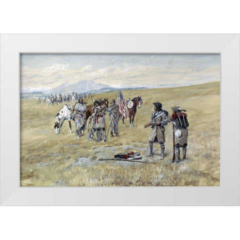 Captain Lewis Meeting the Shoshones White Modern Wood Framed Art Print by Russell, Charles Marion