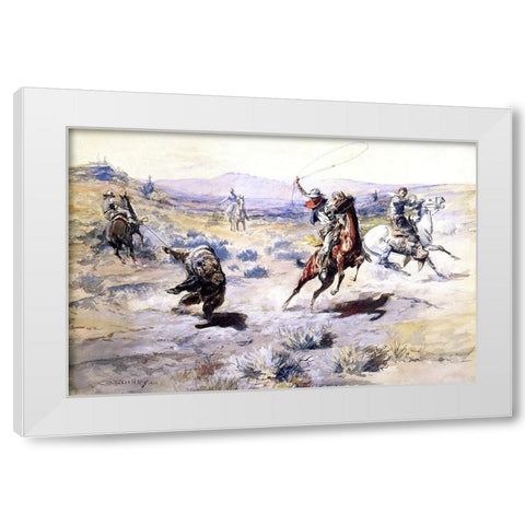Roping a Grizzly White Modern Wood Framed Art Print by Russell, Charles Marion