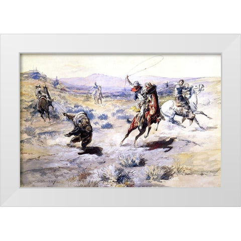 Roping a Grizzly White Modern Wood Framed Art Print by Russell, Charles Marion