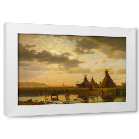 View of Chimney Rock, Ohalilah Sioux Village in the foreground White Modern Wood Framed Art Print by Bierstadt, Albert