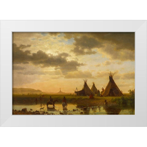 View of Chimney Rock, Ohalilah Sioux Village in the foreground White Modern Wood Framed Art Print by Bierstadt, Albert