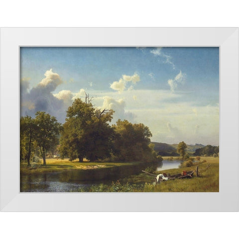 A River Landscape, Westphalia White Modern Wood Framed Art Print by Bierstadt, Albert