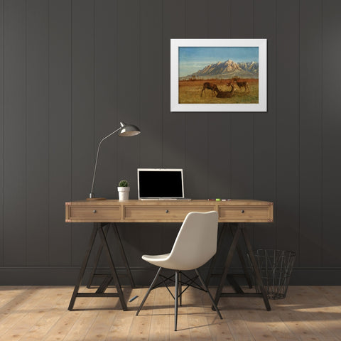 Deer in Mountain Home White Modern Wood Framed Art Print by Bierstadt, Albert
