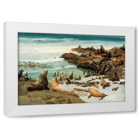 Seal Rocks, Farallons White Modern Wood Framed Art Print by Bierstadt, Albert