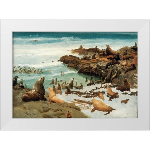 Seal Rocks, Farallons White Modern Wood Framed Art Print by Bierstadt, Albert
