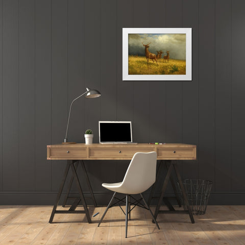 Three Deer and a Stag White Modern Wood Framed Art Print by Bierstadt, Albert