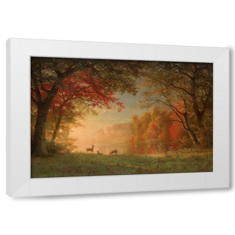 Indian Sunset, Deer by a Lake White Modern Wood Framed Art Print by Bierstadt, Albert