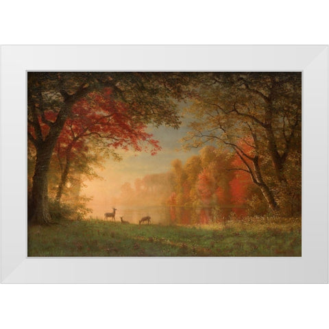 Indian Sunset, Deer by a Lake White Modern Wood Framed Art Print by Bierstadt, Albert