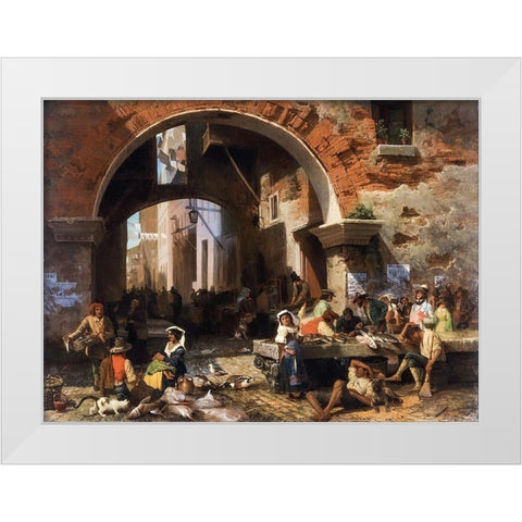 Roman Fish Market. Arch of Octavius White Modern Wood Framed Art Print by Bierstadt, Albert