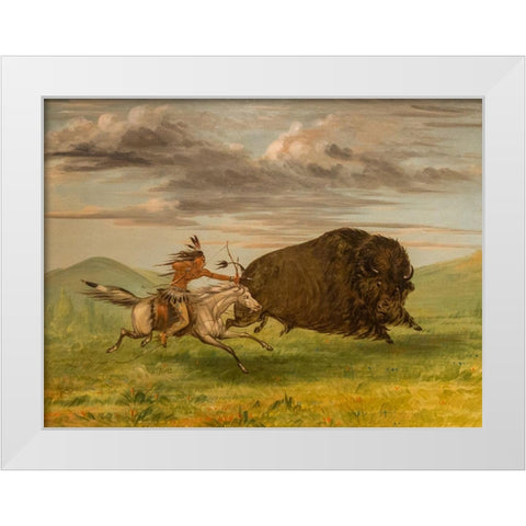 Indian Killing Buffalo with Bow and Arrow White Modern Wood Framed Art Print by Catlin, George