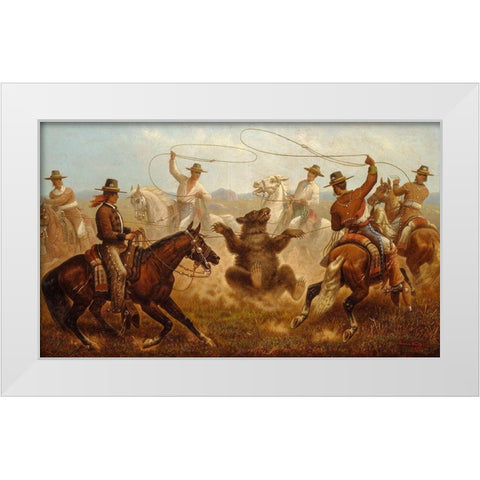 Cowboys Roping a Bear White Modern Wood Framed Art Print by Walker, James