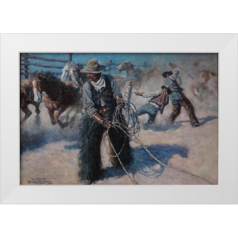 Roping Horses in the Corral White Modern Wood Framed Art Print by Wyeth, N.C.