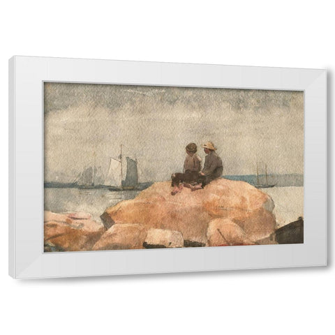 Two Boys Watching Schooners White Modern Wood Framed Art Print by Homer, Winslow