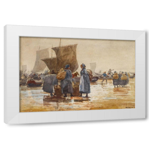 Fisherfolk on the Beach at Cullercoats White Modern Wood Framed Art Print by Homer, Winslow