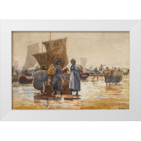 Fisherfolk on the Beach at Cullercoats White Modern Wood Framed Art Print by Homer, Winslow