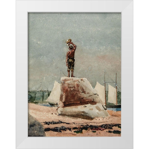 Boy Hailing Schooners White Modern Wood Framed Art Print by Homer, Winslow