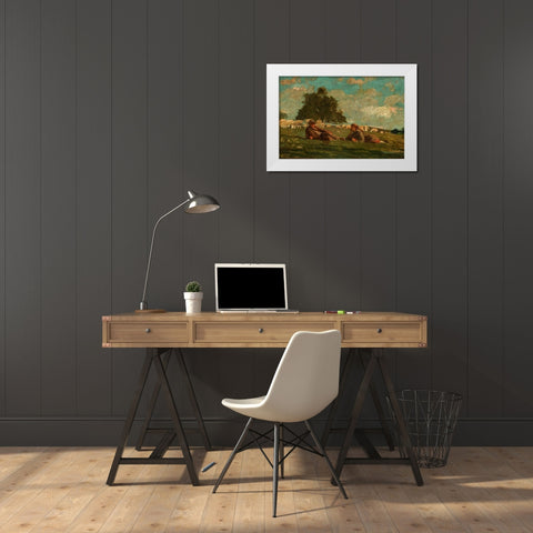 Boy and Girl in a Field with Sheep White Modern Wood Framed Art Print by Homer, Winslow