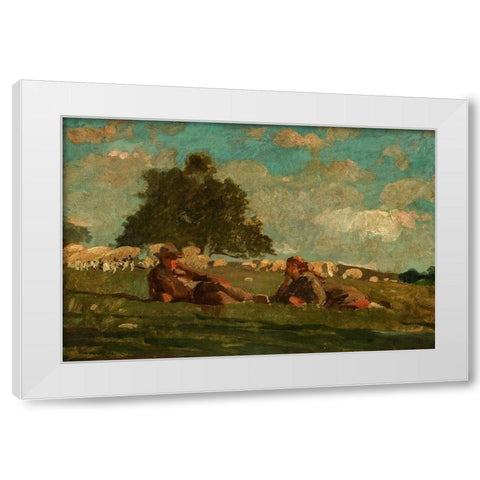 Boy and Girl in a Field with Sheep White Modern Wood Framed Art Print by Homer, Winslow