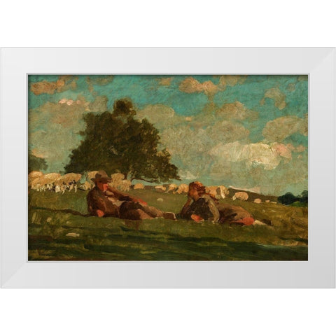 Boy and Girl in a Field with Sheep White Modern Wood Framed Art Print by Homer, Winslow