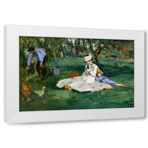 The Monet Family in Their Garden at Argenteuil White Modern Wood Framed Art Print by Manet, Edouard