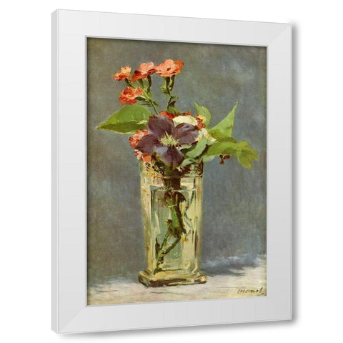 Carnations and clematis in a crystal vase White Modern Wood Framed Art Print by Manet, Edouard