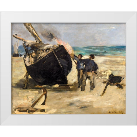 Tarring the Boat  White Modern Wood Framed Art Print by Manet, Edouard