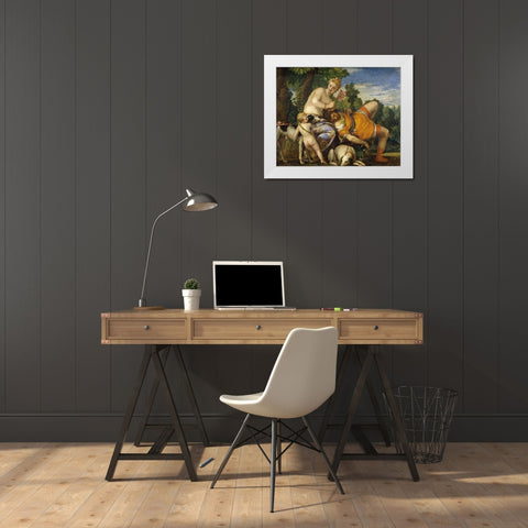 Venus and Adonis White Modern Wood Framed Art Print by Veronese, Paolo