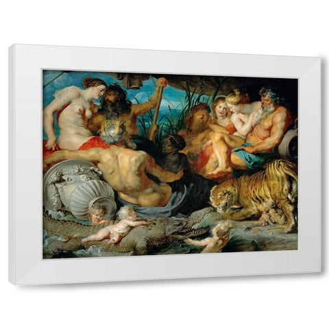 The Four Rivers of Paradise White Modern Wood Framed Art Print by Rubens, Peter Paul