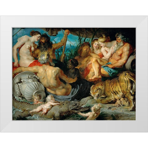 The Four Rivers of Paradise White Modern Wood Framed Art Print by Rubens, Peter Paul