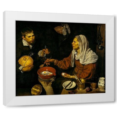 Old Woman Frying Eggs White Modern Wood Framed Art Print by Velazquez, Diego