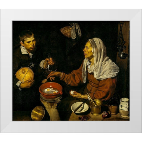 Old Woman Frying Eggs White Modern Wood Framed Art Print by Velazquez, Diego