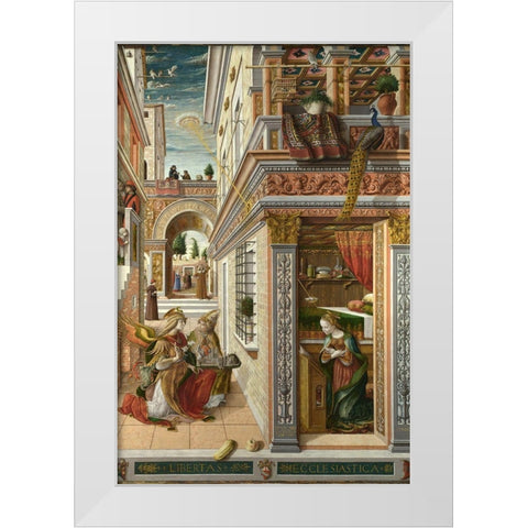 The Annunciation, with Saint Emidius White Modern Wood Framed Art Print by Crivelli, Carlo