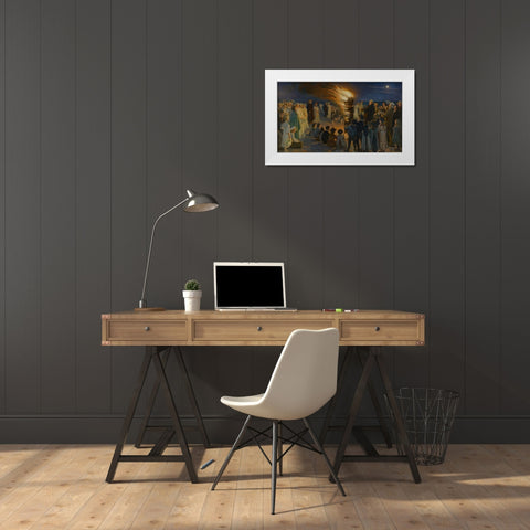 Midsummer Eve Bonfire on Skagen Beach White Modern Wood Framed Art Print by Kroyer, Peder Severin