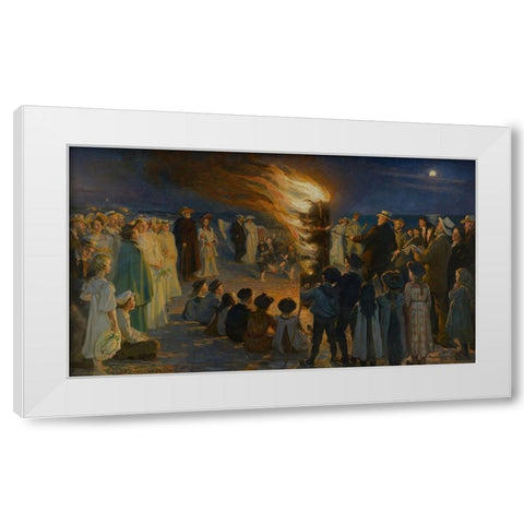 Midsummer Eve Bonfire on Skagen Beach White Modern Wood Framed Art Print by Kroyer, Peder Severin