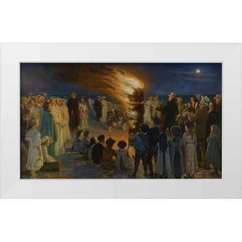Midsummer Eve Bonfire on Skagen Beach White Modern Wood Framed Art Print by Kroyer, Peder Severin