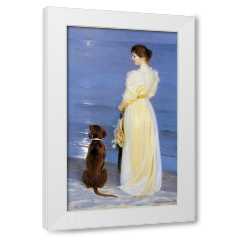 Summer Evening at Skagen. The Artists Wife and Dog by the Shore White Modern Wood Framed Art Print by Kroyer, Peder Severin