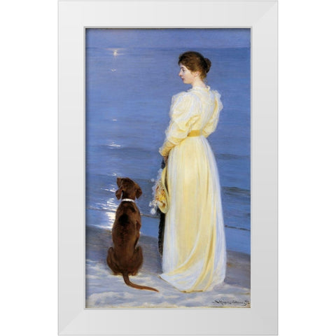 Summer Evening at Skagen. The Artists Wife and Dog by the Shore White Modern Wood Framed Art Print by Kroyer, Peder Severin