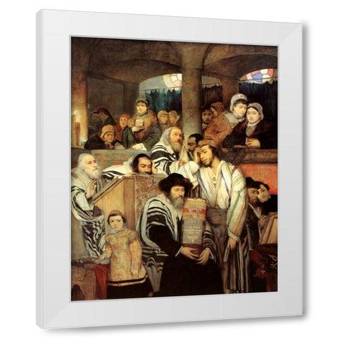 Jews Praying in the Synagogue on Yom Kippur White Modern Wood Framed Art Print by Gottlieb, Maurycy