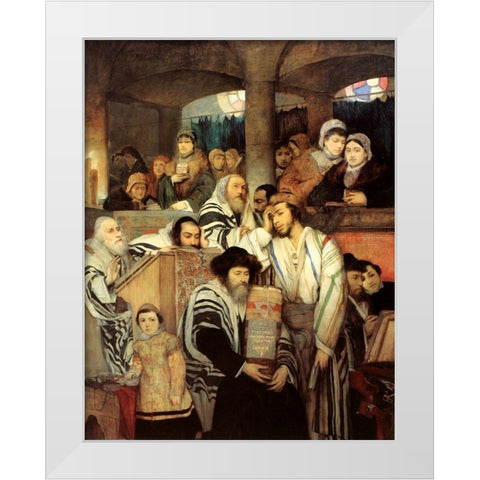 Jews Praying in the Synagogue on Yom Kippur White Modern Wood Framed Art Print by Gottlieb, Maurycy