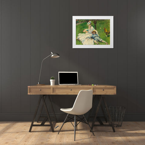 Madame Monet and Her Son White Modern Wood Framed Art Print by Renoir, Pierre-Auguste