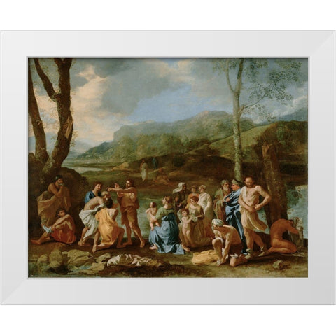 Saint John Baptizing in the River Jordan White Modern Wood Framed Art Print by Poussin, Nicolas