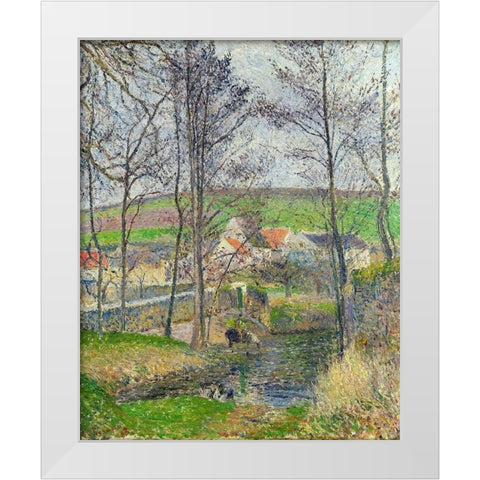 The banks of the Viosne at Osny in grey weather, winter White Modern Wood Framed Art Print by Pissarro, Camille
