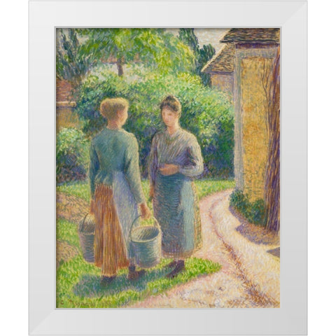 Two Women in a Garden White Modern Wood Framed Art Print by Pissarro, Camille