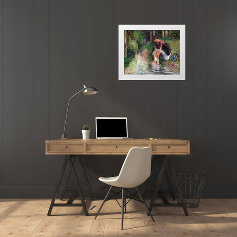 Woman Washing Her Feet in a Brook White Modern Wood Framed Art Print by Pissarro, Camille