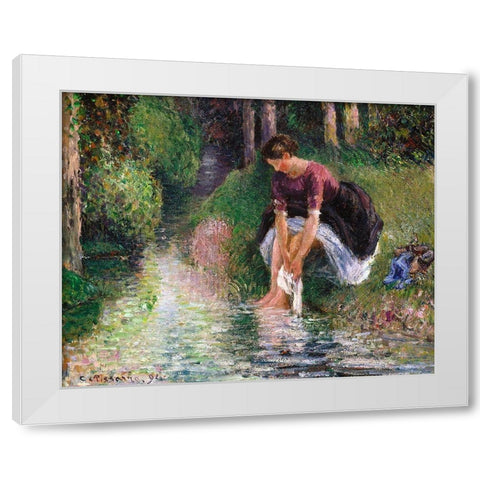Woman Washing Her Feet in a Brook White Modern Wood Framed Art Print by Pissarro, Camille