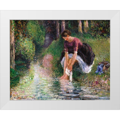 Woman Washing Her Feet in a Brook White Modern Wood Framed Art Print by Pissarro, Camille