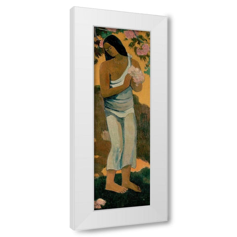 Tahitian Woman With Blossom White Modern Wood Framed Art Print by Gauguin, Paul
