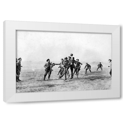 Football in Salonika, Greece on Christmas day 1915 White Modern Wood Framed Art Print by UK Ministry of Information