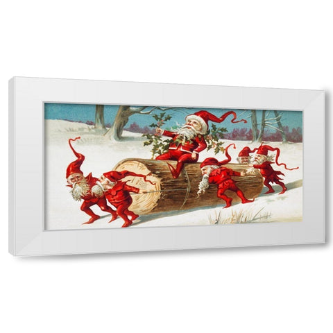 Santa elves sliding on a log White Modern Wood Framed Art Print by Wallach, Miriam and Ira D